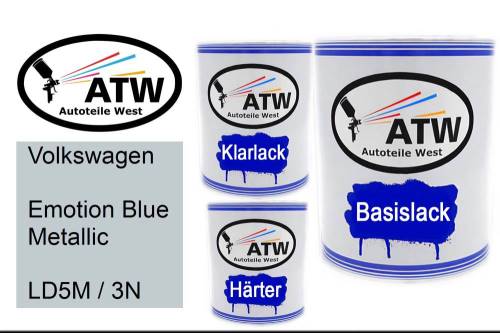 Volkswagen, Emotion Blue Metallic, LD5M / 3N: 1L Lackdose + 1L Klarlack + 500ml Härter - Set, von ATW Autoteile West.